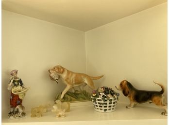 Four Larger Figurines Including Yellow Lab With Fish Plus Four Tiny Marble Figurines