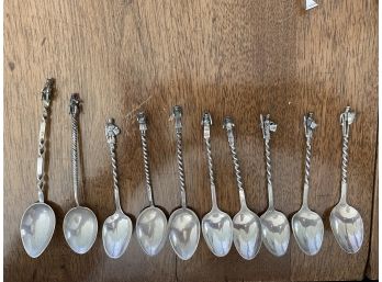 10 Antique Artisan Twisted Small Spoons W/ Men 1900's
