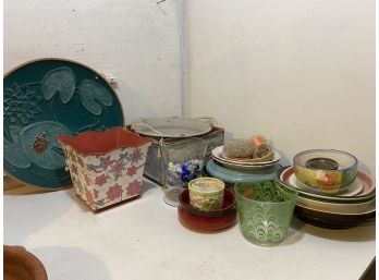 Assorted Pots Including Mid Century Glass And Green Pot