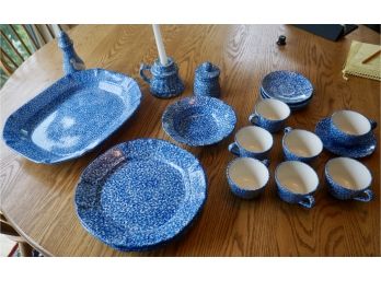 Lot Of 19 Blue Spongeware Misc Dishes & Serving Pieces