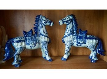 Pair Of Blue Ceramic Horses