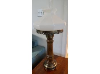 Brass, Wood & Milkglass Lamp 28H