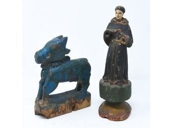 Antique Carved Wood Priest And Blue Bull