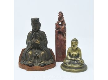 Carved Stone Chinese Seal, Cast Bronze Of Wenchang Wang, Brass Buddha