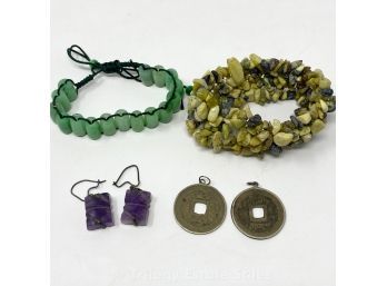 Amethyst Earrings, Jade Bracelet, Chinese Coin Earrings