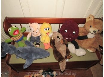 Assorted Plush Lot In Pine Storage Bench.