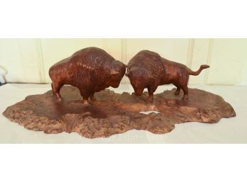 Wood Carving Of Two Buffalo