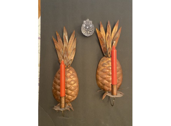 Pair Of Hanging Copper Pineapple Candle Holders And Crystal Pineapple