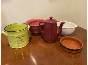 Various Colored Kitchen Items Tea Pot, Bucket Etc