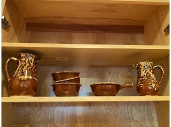 Huli And Roseville Brown Pottery Pitchers And Bowls