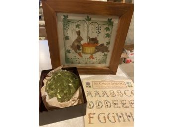 Antique Green Glass Frog, Framed Bunny Pic & Garden Alphabet Stickers