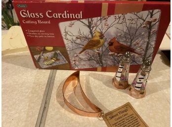 All New Cardinal Glass Cutting Board, Copper Crescent Moon Cookie Cutter And Painted Salt & Pepper Shakers