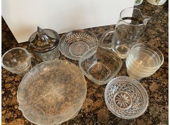 Miscellaneous Glass Lot W/ Pitcher And Clear Lettuce Leaf Plates