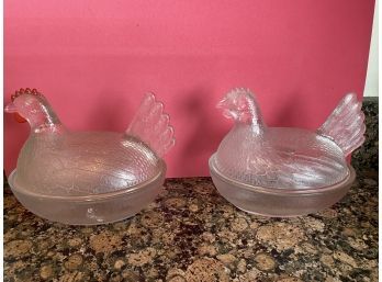 2 Pressed Glass Chicken On Nest Covered Dishes