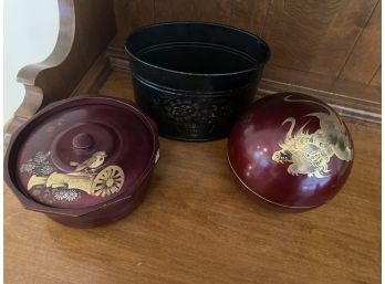 3 Decorative Pieces - 2 Covered Dished And Black Pot
