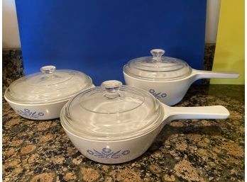 Three Corning Ware Range, Oven, Microwave Covered Pots