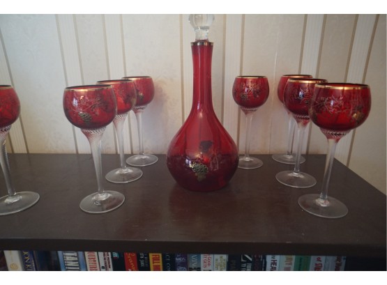 Gold Painted Ruby Decanter & 8 Glasses