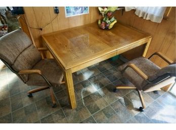 Oak Kitchen Table & 2 Leather Chairs