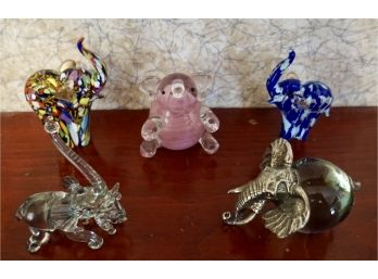 5 Art Glass Elephants (1 Signed Prestige)