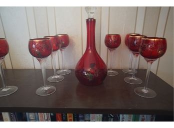 Gold Painted Ruby Decanter & 8 Glasses