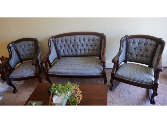 1920's 3 Pc Set Mahogany Carved Feet, Tufted Settee & 2 Chairs