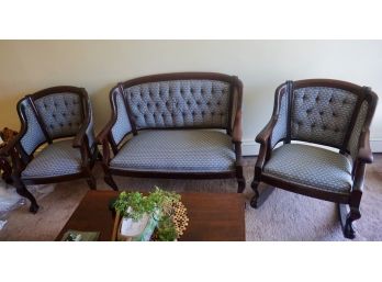 1920's 3 Pc Set Mahogany Carved Feet, Tufted Settee & 2 Chairs