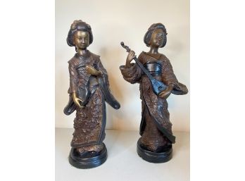 Two Cast Bronze Cold Painted Geisha Statues