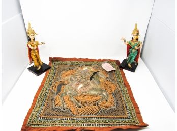 Thai Wall Hanging And 2 Dolls