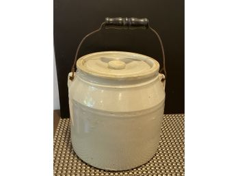 Old White Stoneware Crock With Lid And Handle