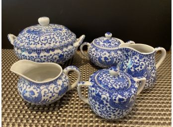 Japan Phoenix Bird Blue And White Covered Tureen & 2 Sets Of Creamer And Covered Sugar Bowls