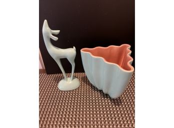 Art Deco Deer By Rose Lane Pottery And Catalina Pottery Vessel In Turquoise & Peach