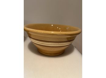 Vintage Brown Stoneware Mixing Bowl With White And Dark Brown Stripes