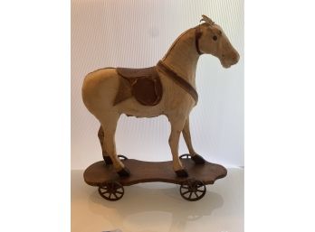 Antique Fabric Toy Horse On Base With Wheels