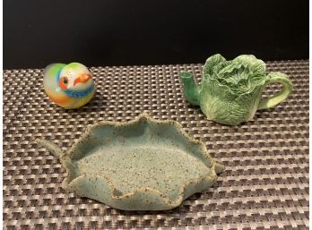 Handcrafted Miniature Lettuce Teapot And Dish With Bird