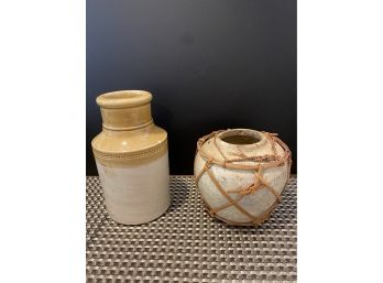 Bristol England Stoneware Crock And Vintage Chinese Rustic Ginger Jar With Woven Reed Exterior
