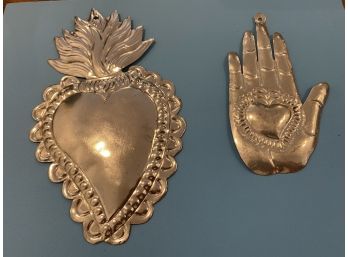 2 Large Tin Milagros Flaming Heart And Heart In Hand