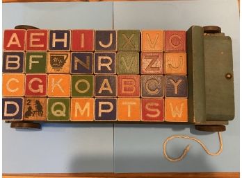 Antique Wooden Pull Toy Truck With Complete Set Of 32 Alphabet Blocks
