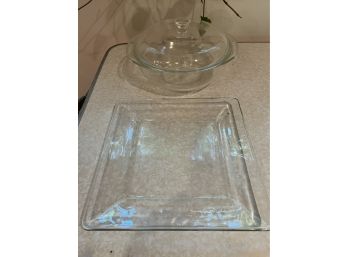 Pyrex Covered Glass Dish And Square Glass Plate