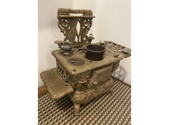Crescent Cast Iron Miniature Stove With Soup Pot, Tea Pot And 2 Funnels