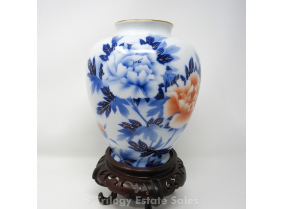 Fukagawa Porcelain Vase With Rosewood Stand