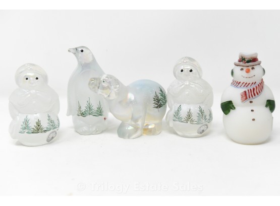 Fenton 95th Anniversary Hand Painted Christmas Snowmen, Penguin, And Polar Bear