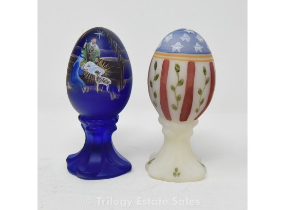 2 Fenton Eggs On Stand Signed M. Kibbe & A. Van Zile