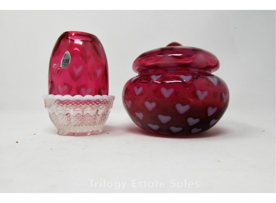 Fenton Glass Red Cranberry Optic Hearts Covered Candy Dish & Votive Holder