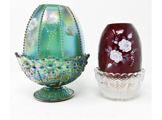 Two Hand-Painted Fenton Votive Holders