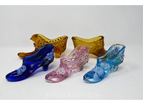 5 Fenton Glass Shoes Slippers (3 Signed)
