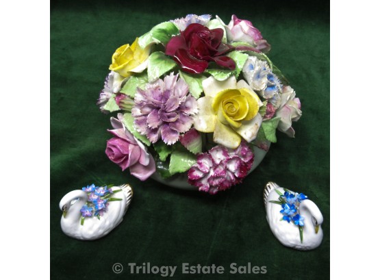 Royal Adderley Hand Painted & Gilt Bone China Floral Basket And Swans