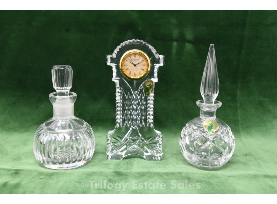 Waterford Clock And Two Perfume Bottles