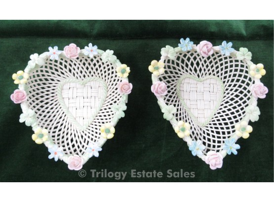 2 Belleek Heart-Shaped Flower Baskets