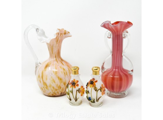 Murano Glass Ruffled Vase, Pitcher And Salt And Pepper