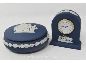 Wedgwood Dark Blue Jasperware Clock And Trinket Box